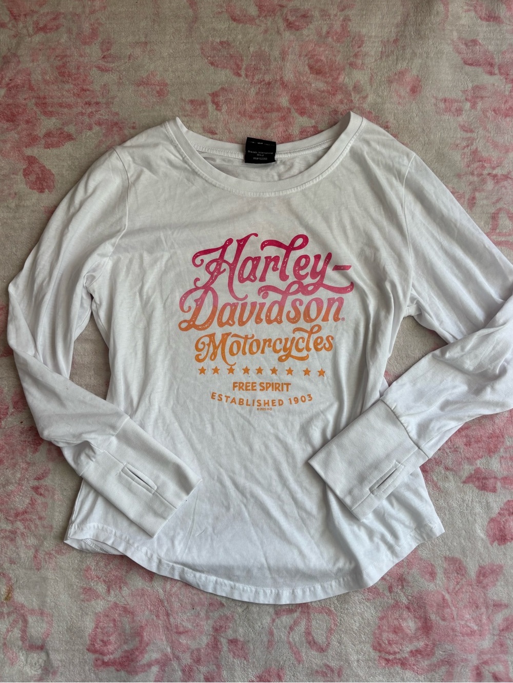 Harley Davidson y2k biker women’s long sleeve pink and orange tee shirt